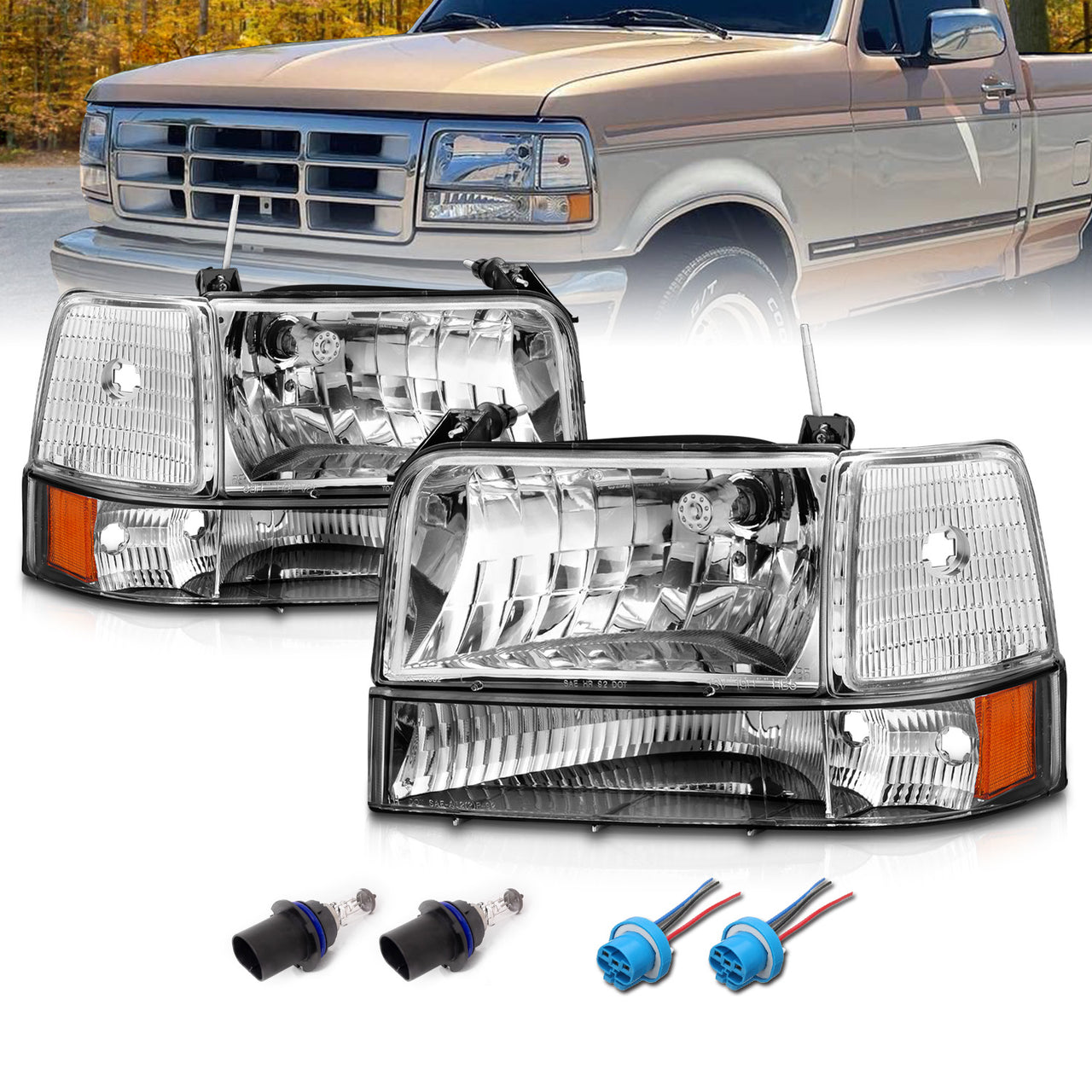 FORD F-150/BRONCO 92-96 HEADLIGHTS CHROME HOUSING 6PCS SET W/ CORNER, SIGNAL LIGHTS AMBER
