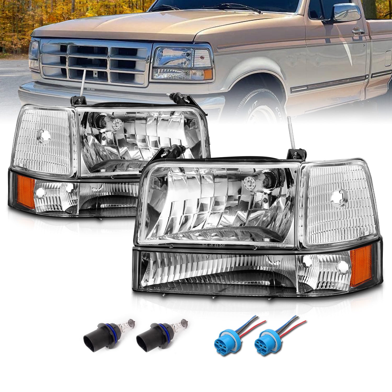 FORD F-150/BRONCO 92-96 HEADLIGHTS CHROME HOUSING 6PCS SET W/ CORNER, SIGNAL LIGHTS AMBER