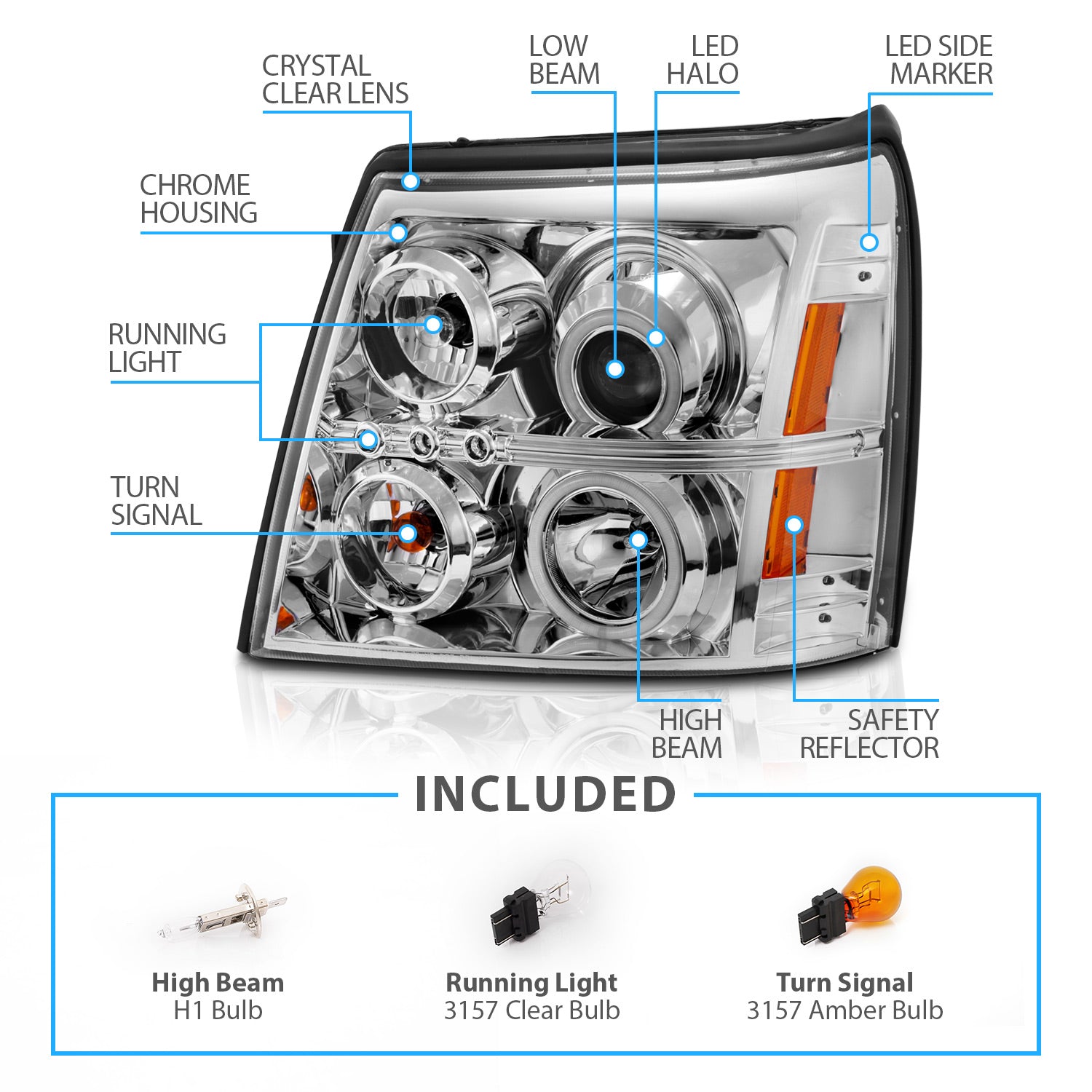 CADILLAC ESCALADE 03-06/ESCALADE ESV 03-06 PROJECTOR HEADLIGHTS HALO CHROME CLEAR AMBER (OEM HID COMPATIBLE) (RX HALO)