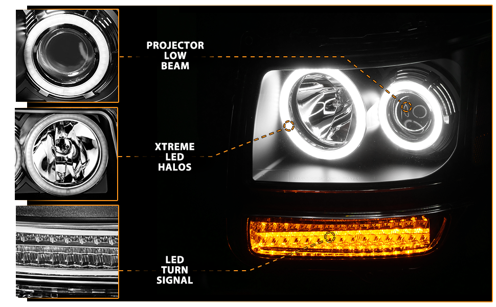 DODGE NITRO 07-08 PROJECTOR HEADLIGHTS HALO G2 BLACK CLEAR AMBER W/ LED (RX HALO)