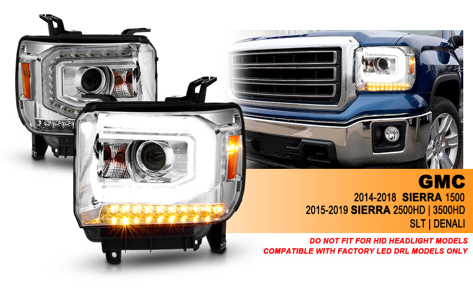 GMC SIERRA 1500 14-15/ 2500HD/3500HD 15-19 PROJECTOR嚙?HEADLIGHTS LIGHT BAR CHROME嚙?HALOGEN TYPE MODEL W/ FACTORY DRL)