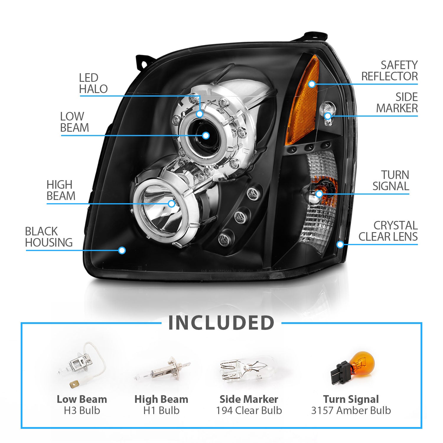 GMC YUKON/YUKON XL/DENALI/XL DENAL 07-10 PRO HEADLIGHTS HALO BLACK AMBER (RX HALO) (W/ ARTIFICIAL LED)