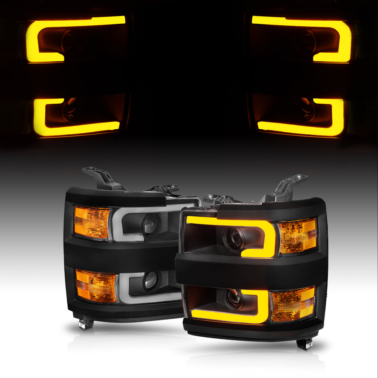 CHEVY SILVERADO 2500HD3500HD 15-17 PROJECTOR LIGHT BAR STYLE SWITCHBACK HEADLIGHTS BLACK AMBER (BLACK RIM)