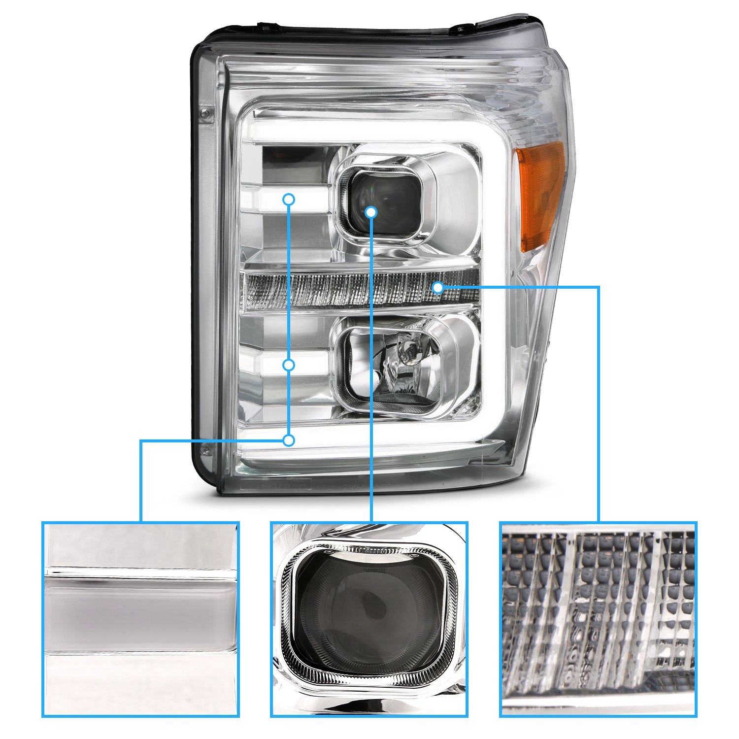 FORD F-250/SUPER DUTY 11-16 PROJECTOR LIGHT BAR STYLE SWITCHBACK HEADLIGHTS CHROME AMBER