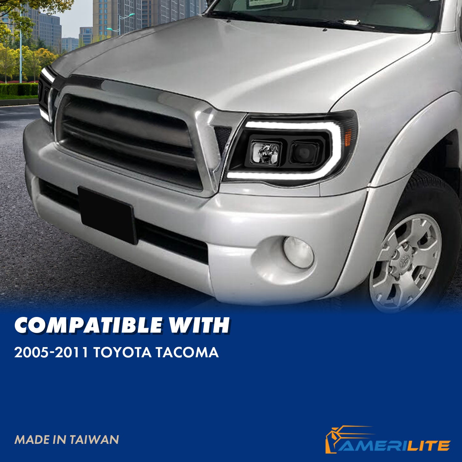 TOYOTA TACOMA 05-11 PROJECTOR SEQUENTIAL LIGHT BAR STYLE HEADLIGHTS BLACK AMBER  (W/ C LIGHT BAR)