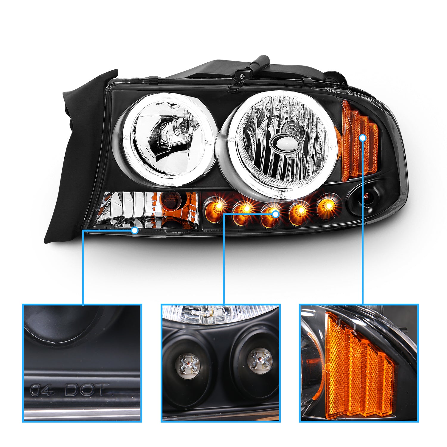 DODGE DAKOTA/DURANGO 97-04/98-03 1PC HEADLIGHTS HALO BLACK W/ AMBER