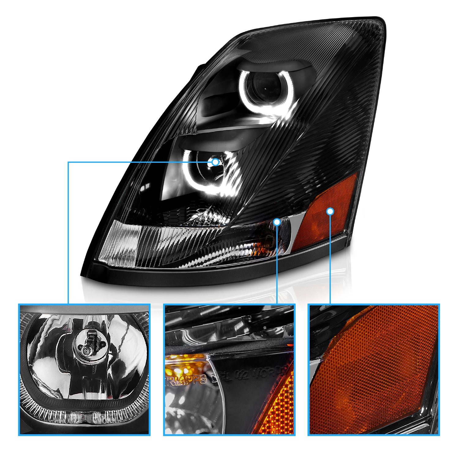 VOLVO VN/VNL SERIES 04-15 PROJECTOR U BAR STYLE H.L BLACK AMBER REFLECTOR (LEFT)