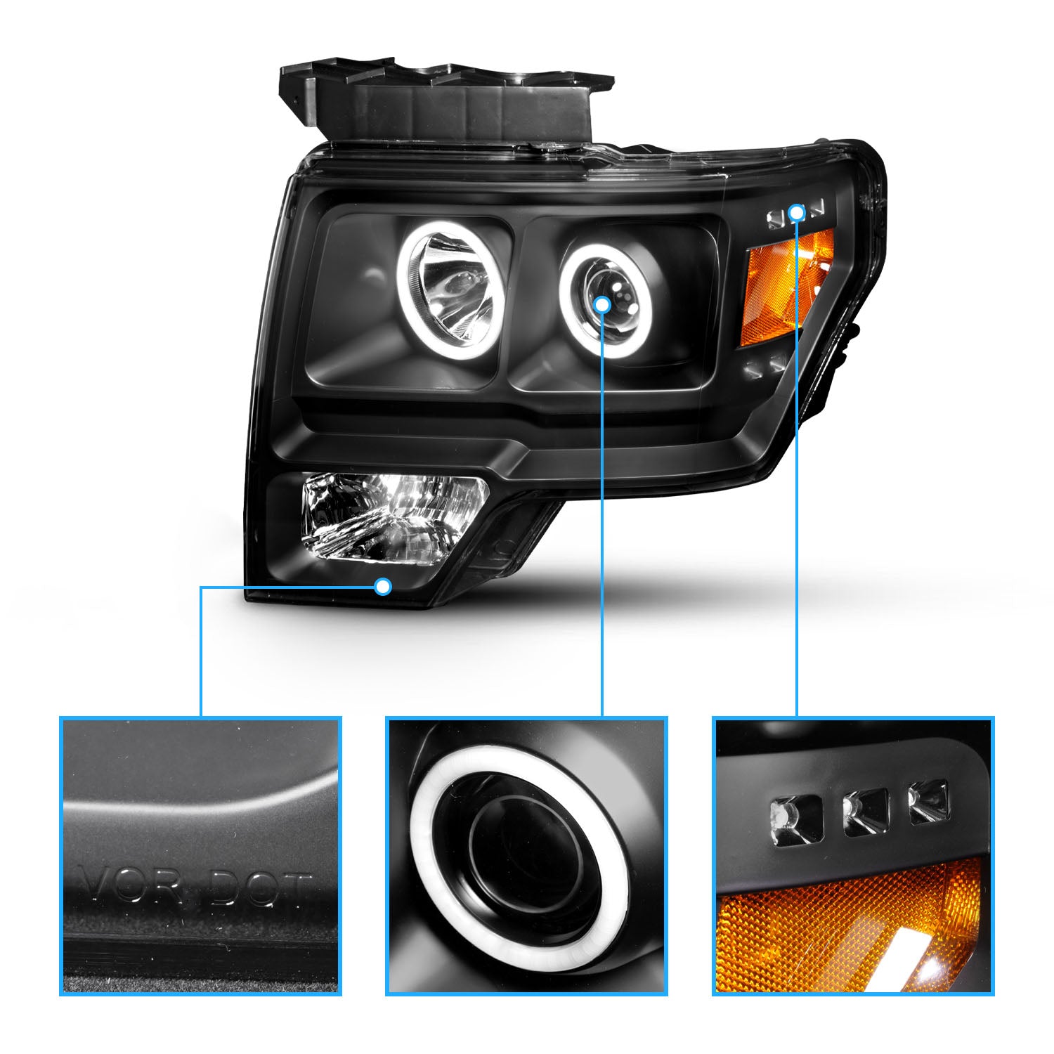 FORD F-150 09-13 PROJECTOR HEADLIGHTS HALO LED BLACK AMBER (RX HALO)