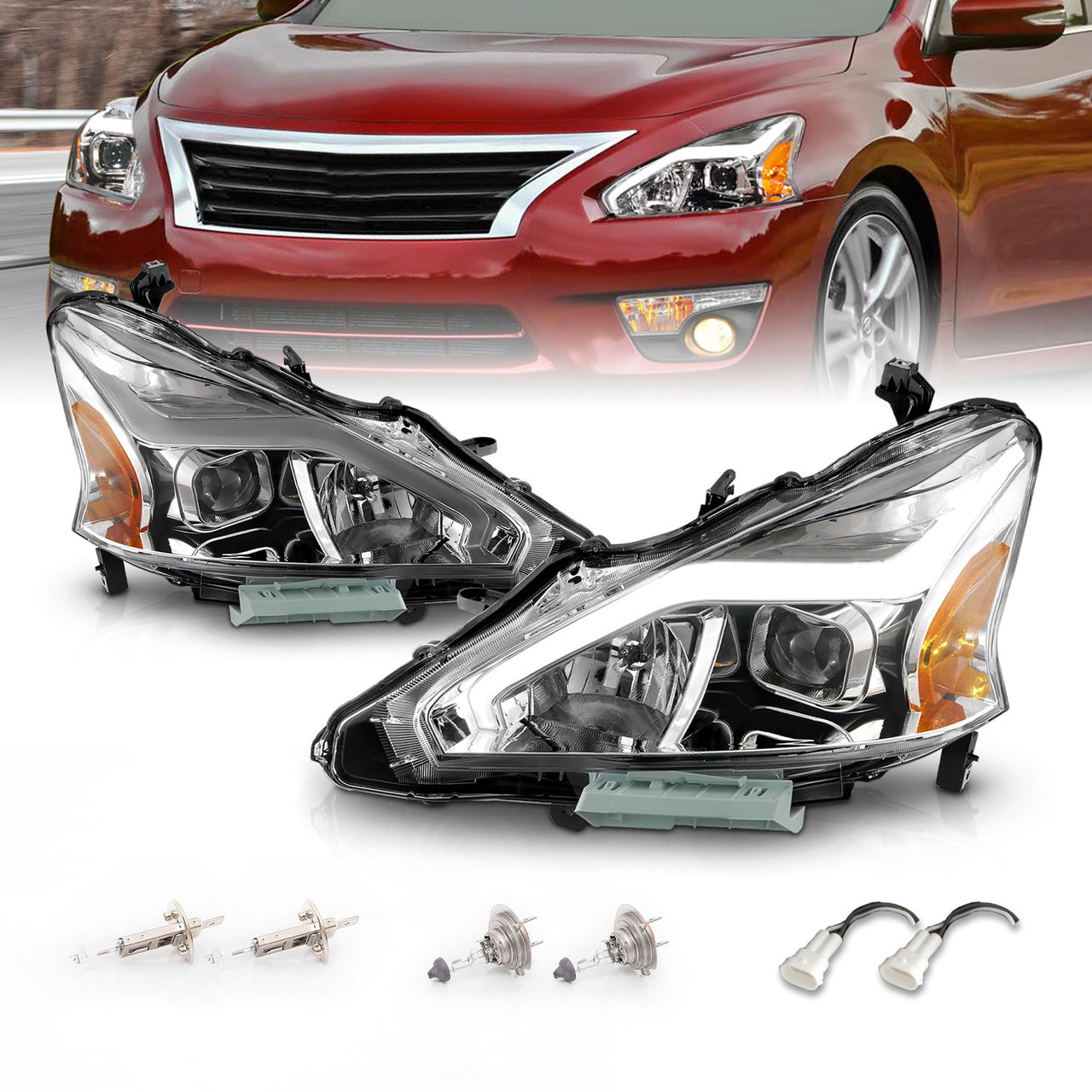 NISSAN ALTIMA 13-15 4DR PROJECTOR LIGHT BAR G2 HEADLIGHTS CHROME CLEAR AMBER