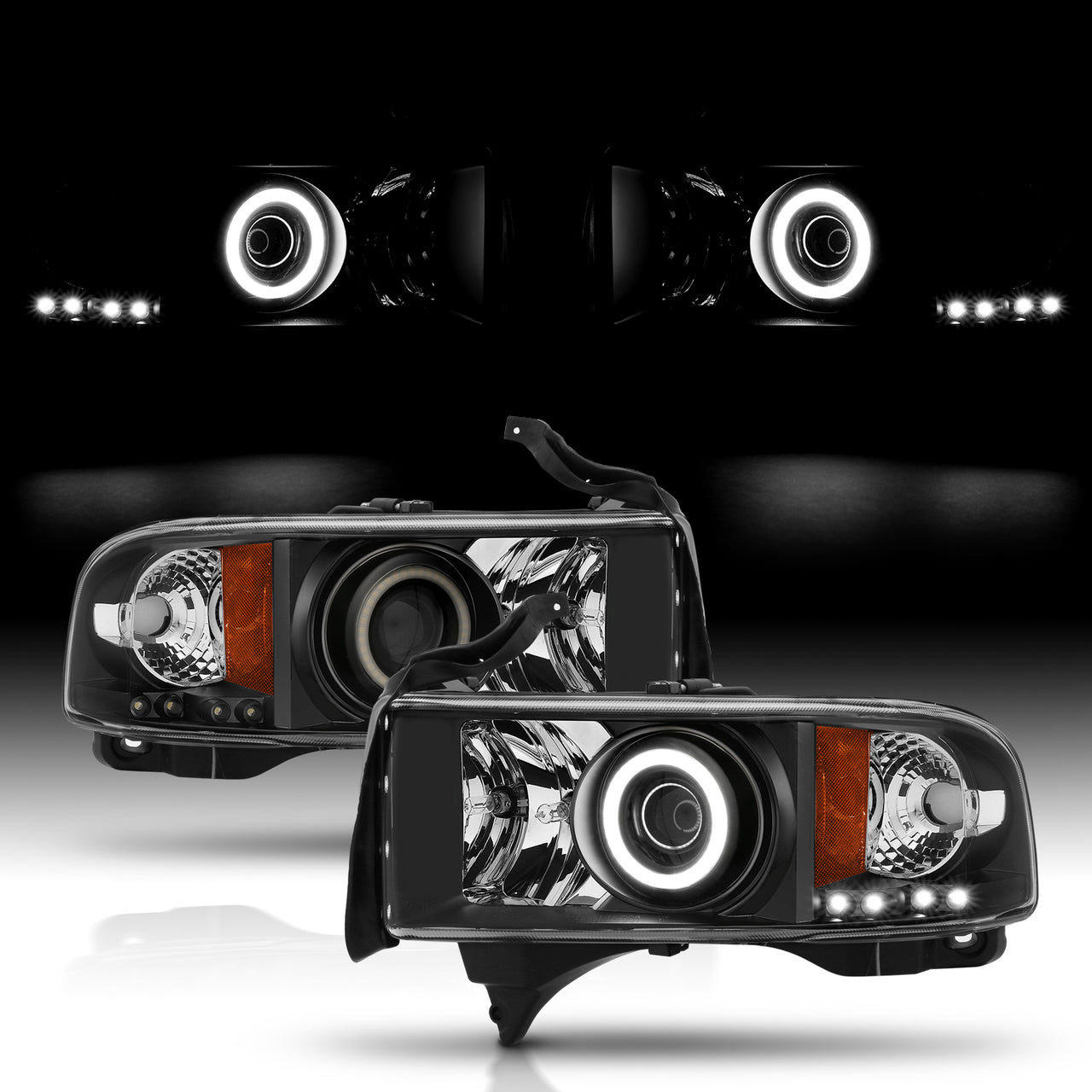 DODGE RAM 94-01 PROJECTOR HEADLIGHTS HALO BLACK CLEAR AMBER (RX HALO)