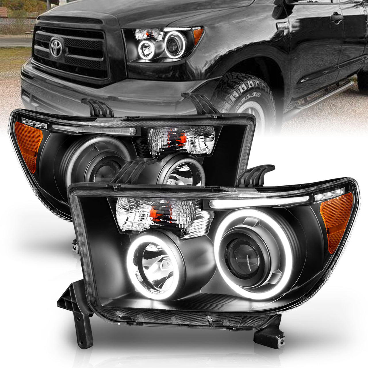TOYOTA TUNDRA 07-13/SEQUOIA 08-17 PROJECTOR HEADLIGHTS HALO W/ LED BAR BLACK CLEAR AMBER (RX HALO)