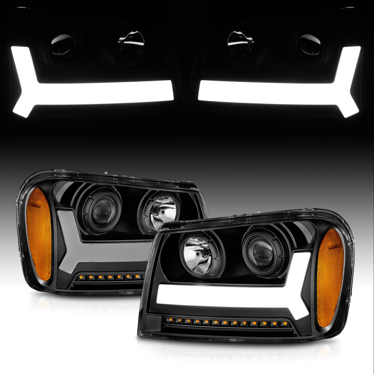 CHEVY TRAILBLAZER 06-09 LT / 08 LS PROJECTOR LIGHT BAR STYLE HEADLIGHTS BLACK AMBER