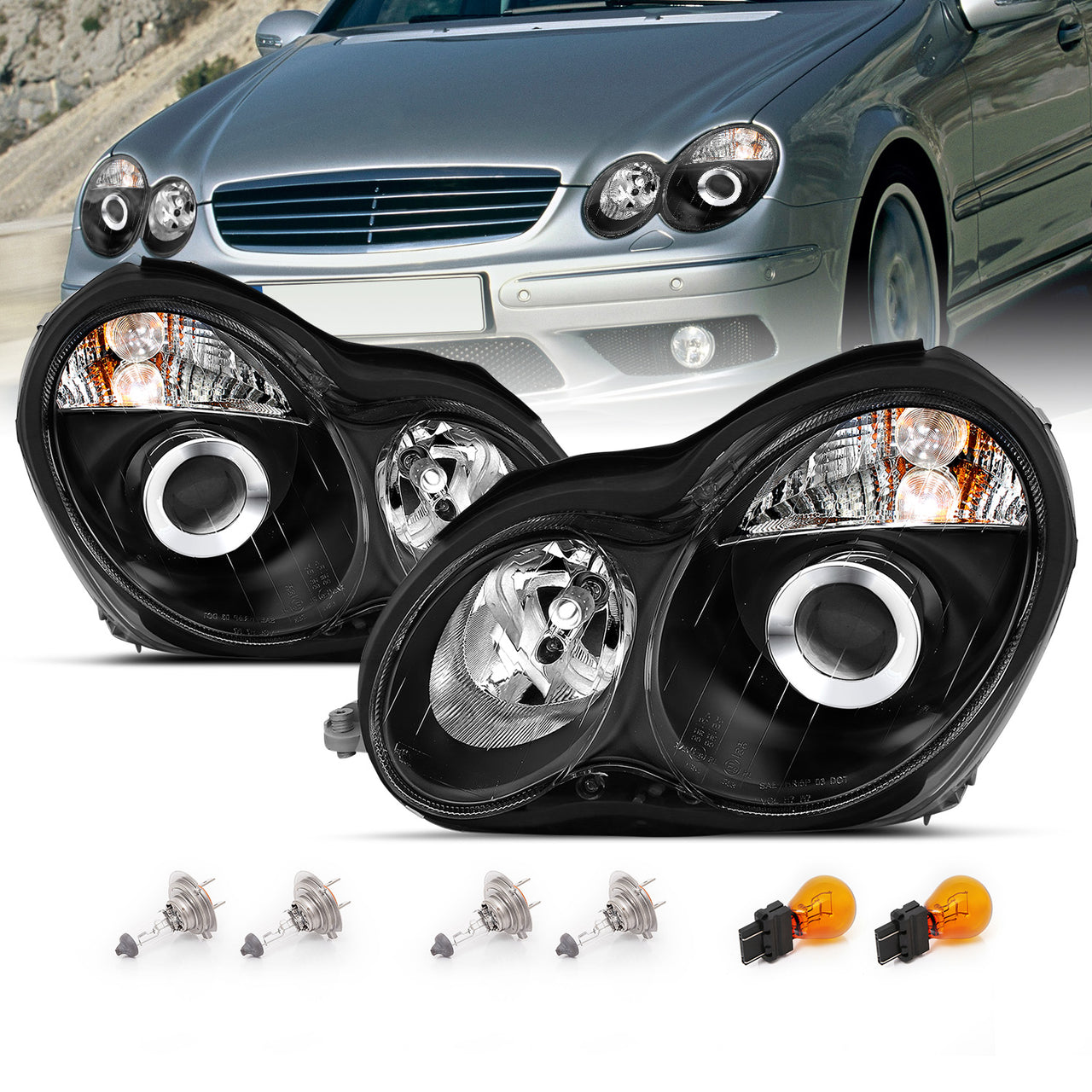 MBZ C CLASS W203 00-07 PROJECTOR HEADLIGHTS BLACK CLEAR