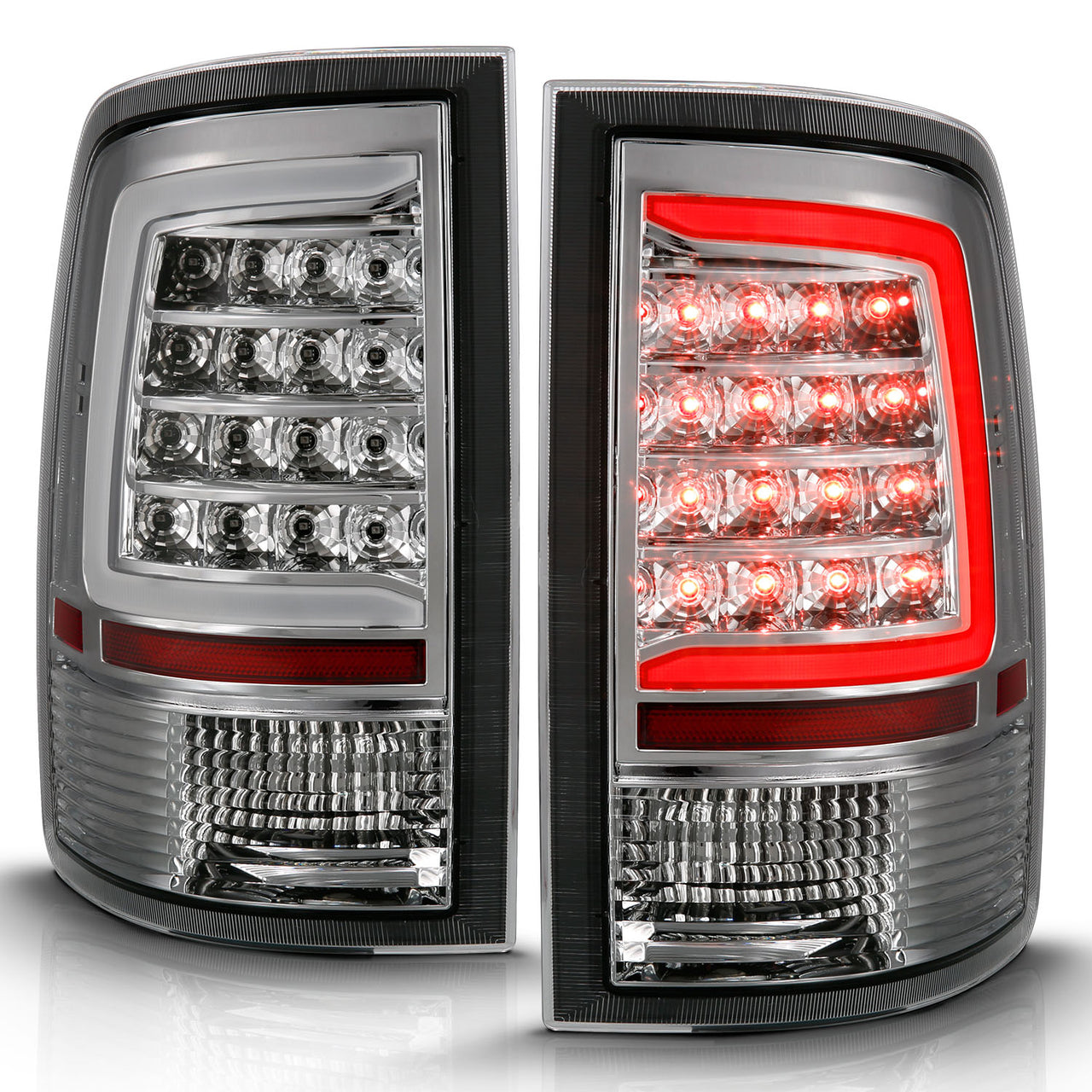 DODGE RAM 1500 09-18/ 2500 3500 10-18 LED TAIL LIGHTS CHROME HOUSING CLEAR LENS W/ C LIGHT BAR (NOT COMPATIBLE W/ ORIGINAL LED VERSION)