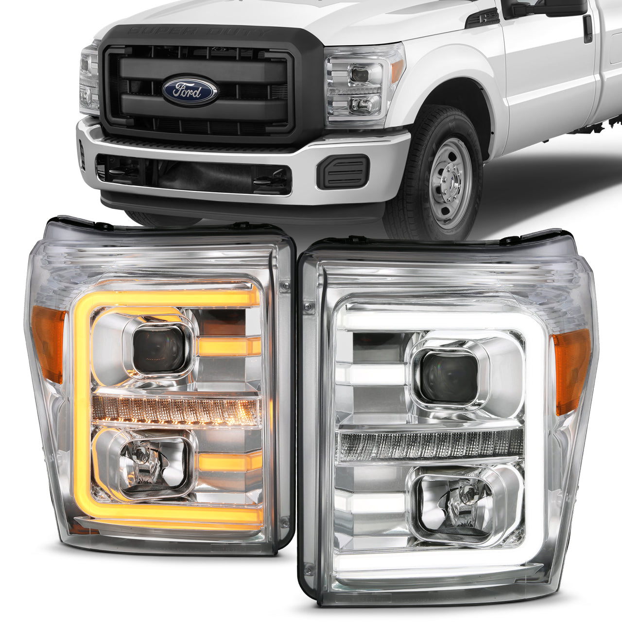 FORD F-250/SUPER DUTY 11-16 PROJECTOR LIGHT BAR STYLE SWITCHBACK HEADLIGHTS CHROME AMBER