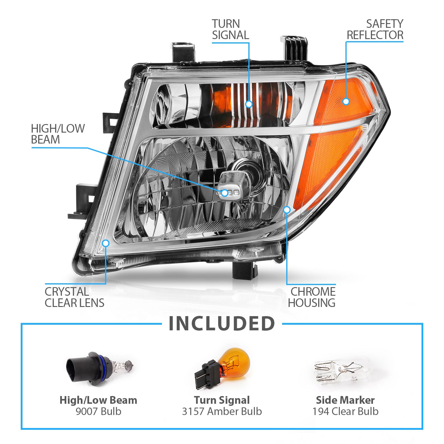 NISSAN PATHFINDER 05-08 /FRONTIER 05-07 HEADLIGHTS CHROME AMBER (OE REPLACEMENT)