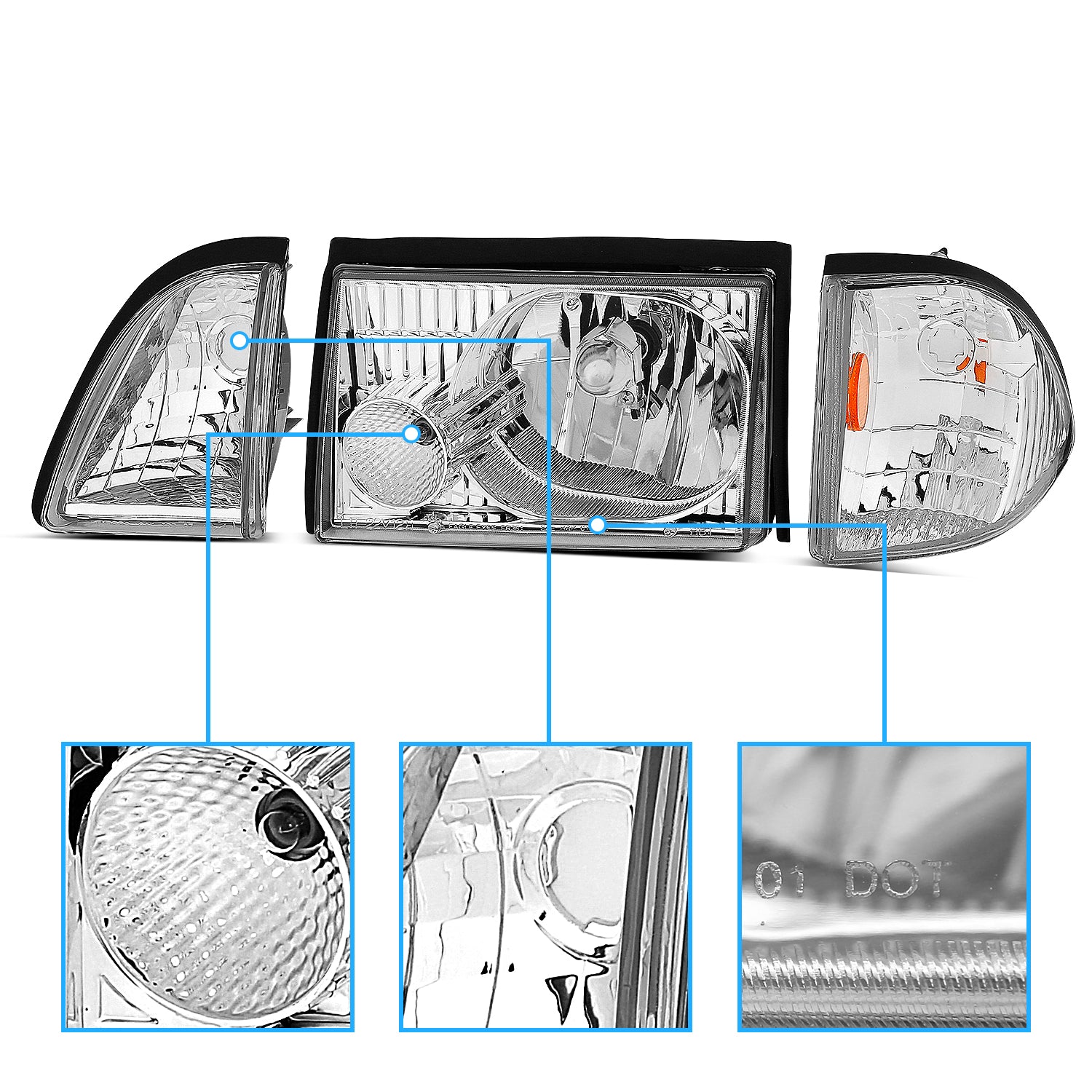 FORD MUSTANG 87-93 CRYSTAL HEADLIGHTS CHROME SET W/ CORNER & PARKING