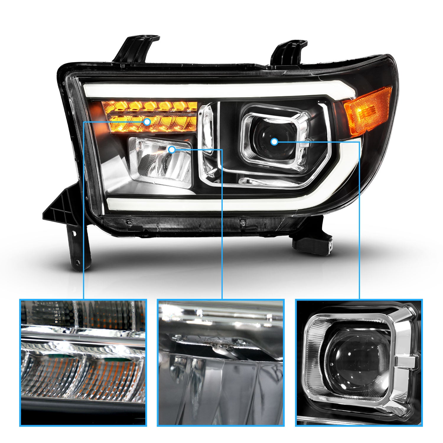 TOYOTA TUNDRA 07-13/SEQUOIA 08-17 FULL LED PROJECTOR HEADLIGHTS BLACK AMBER (W/ DRL LIGHT BAR)