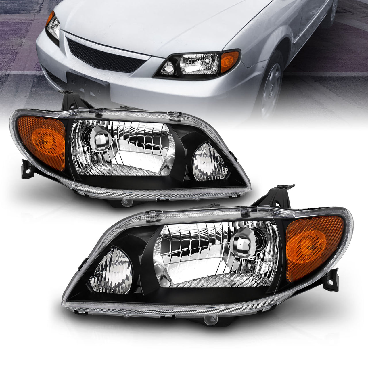 MAZDA PROTEGE 01-03 CRYSTAL HEADLIGHTS BLACK AMBER