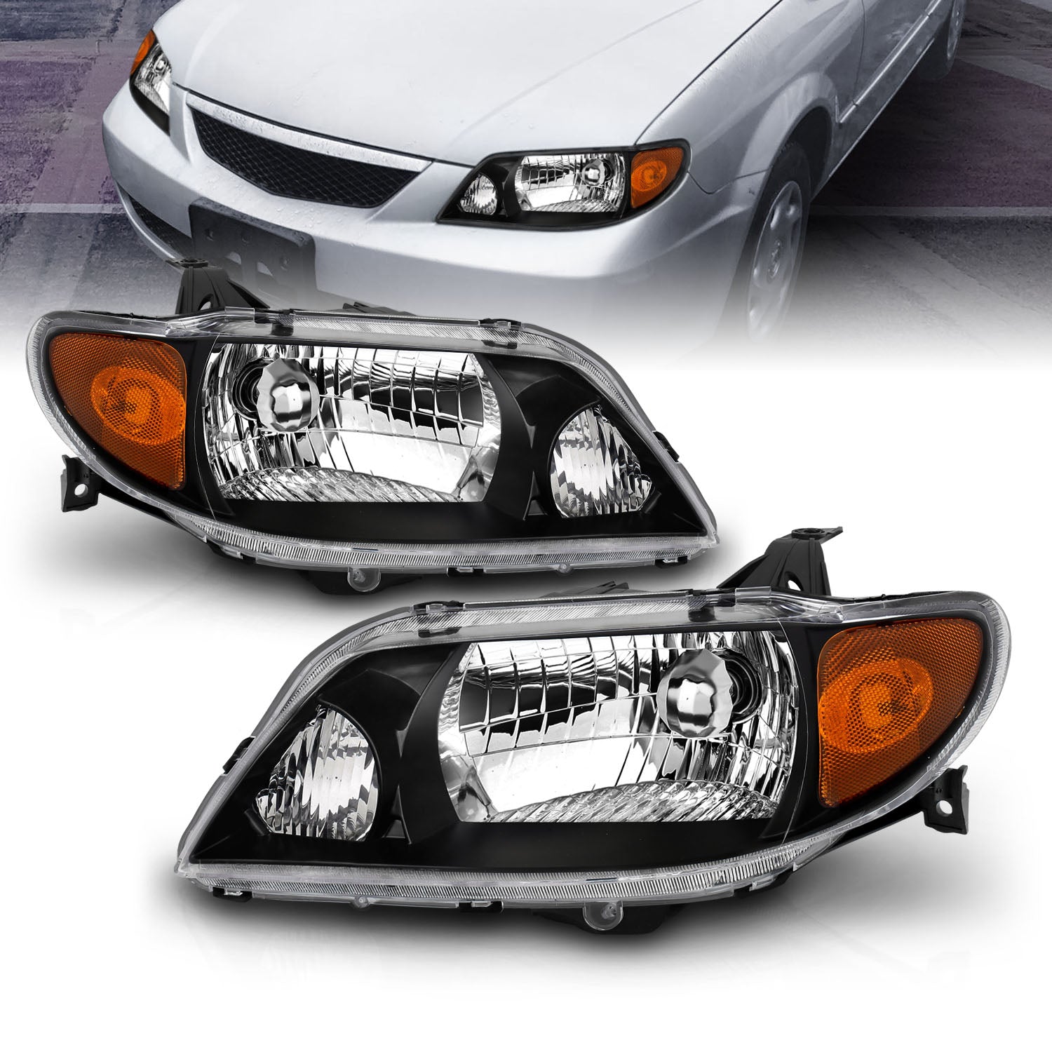 MAZDA PROTEGE 01-03 CRYSTAL HEADLIGHTS BLACK AMBER