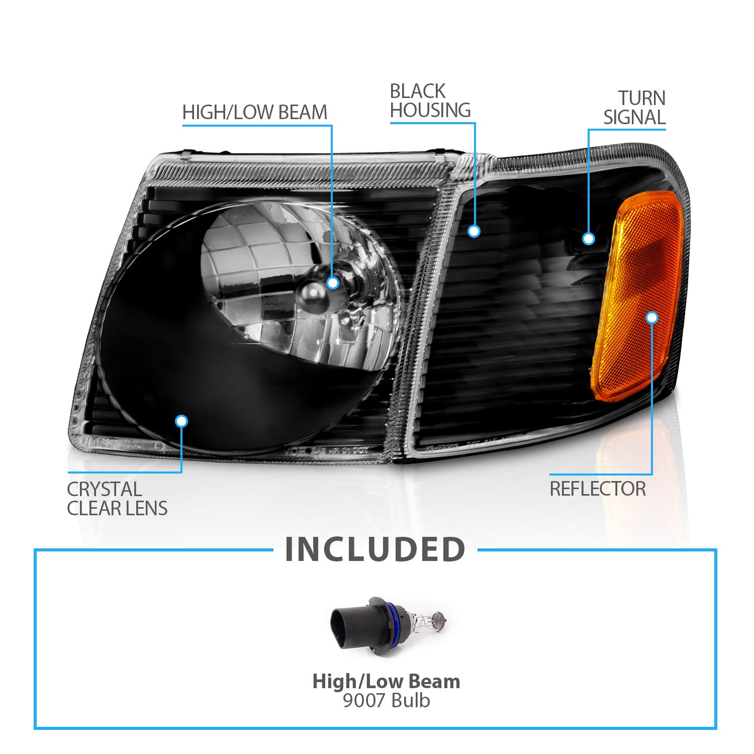 FORD EXPLORER SPORT TRAC 01-05 CRYSTAL HEADLIGHTS W/ CORNER LIGHTS BLACK AMBER