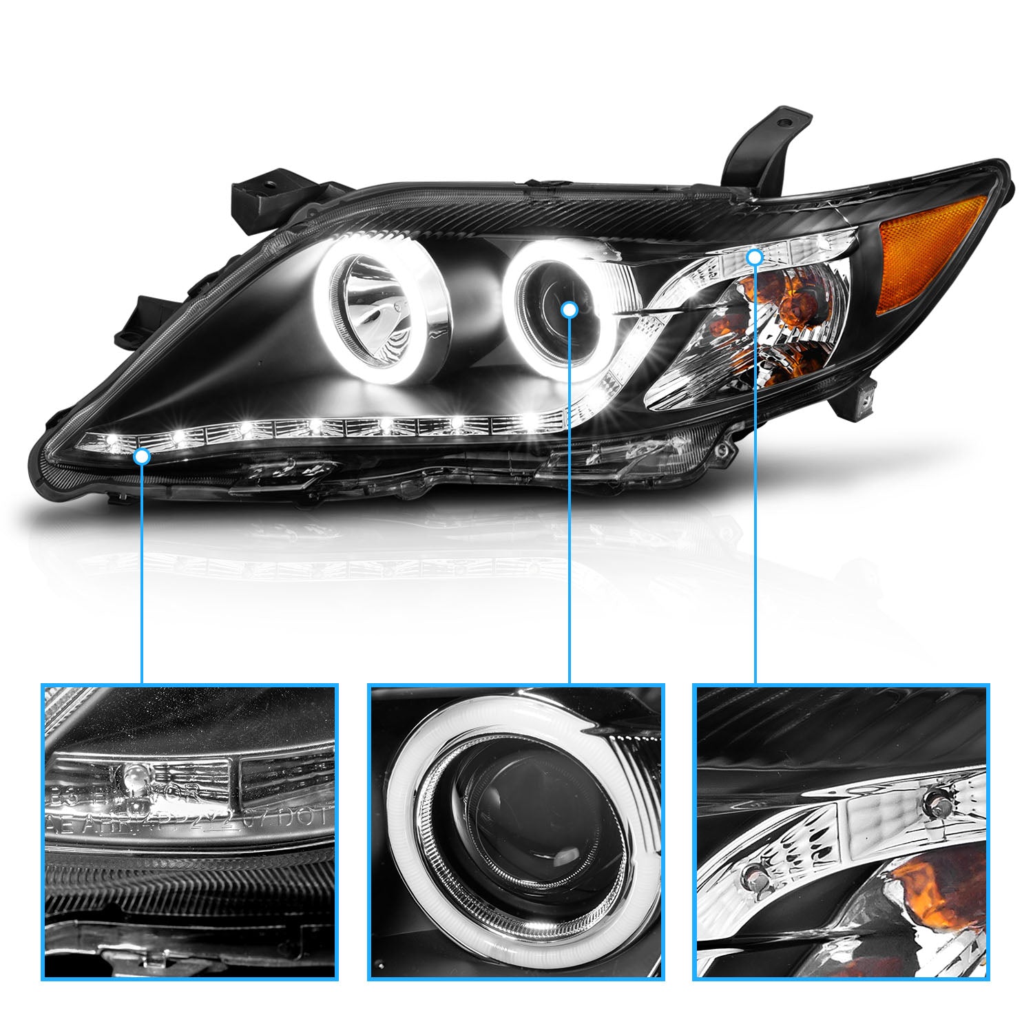 TOYOTA CAMRY 10-11 PROJECTOR HEADLIGHTS HALO BLACK CLEAR AMBER (RX HALO)