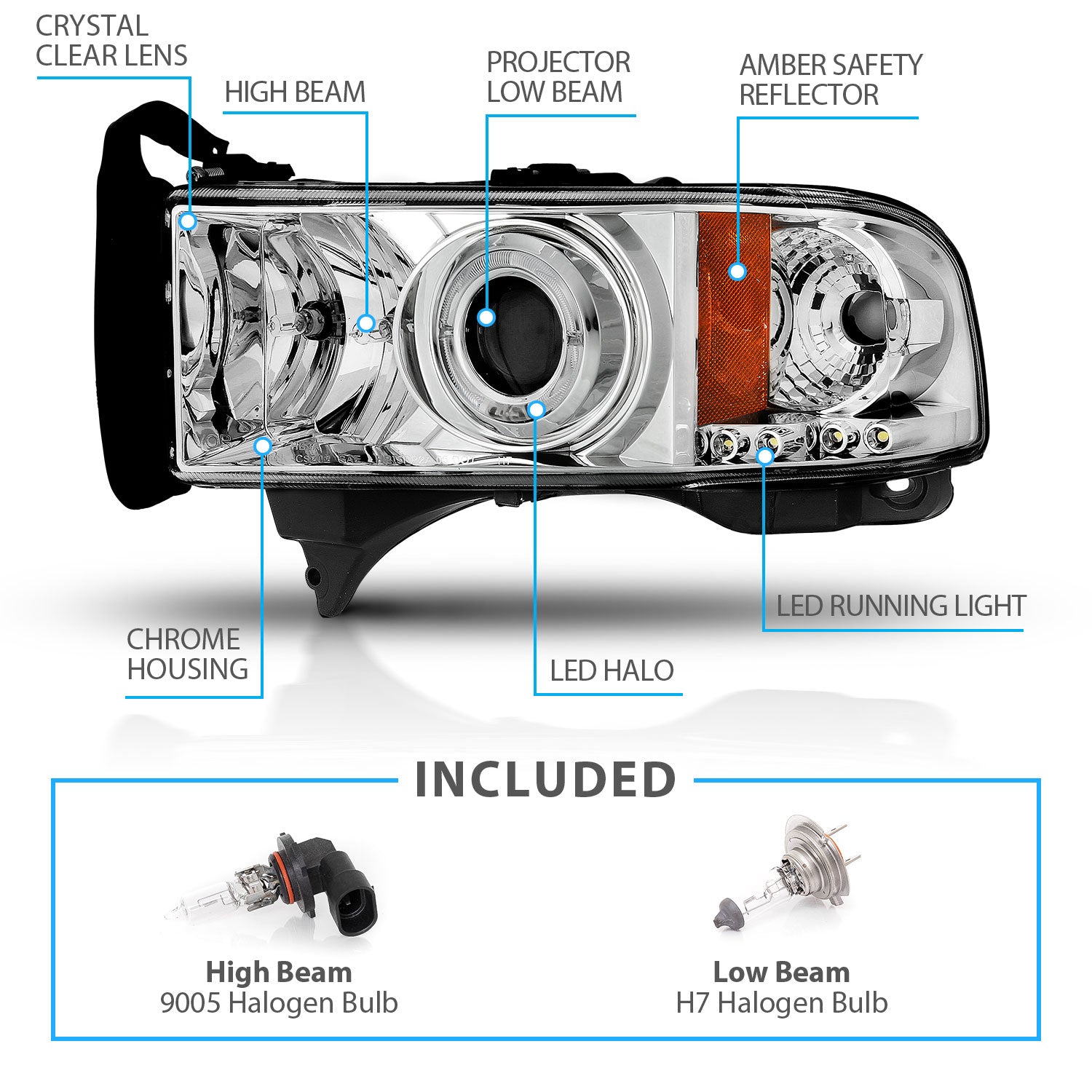 DODGE RAM 94-01 PROJECTOR HEADLIGHTS HALO CHROME CLEAR AMBER
