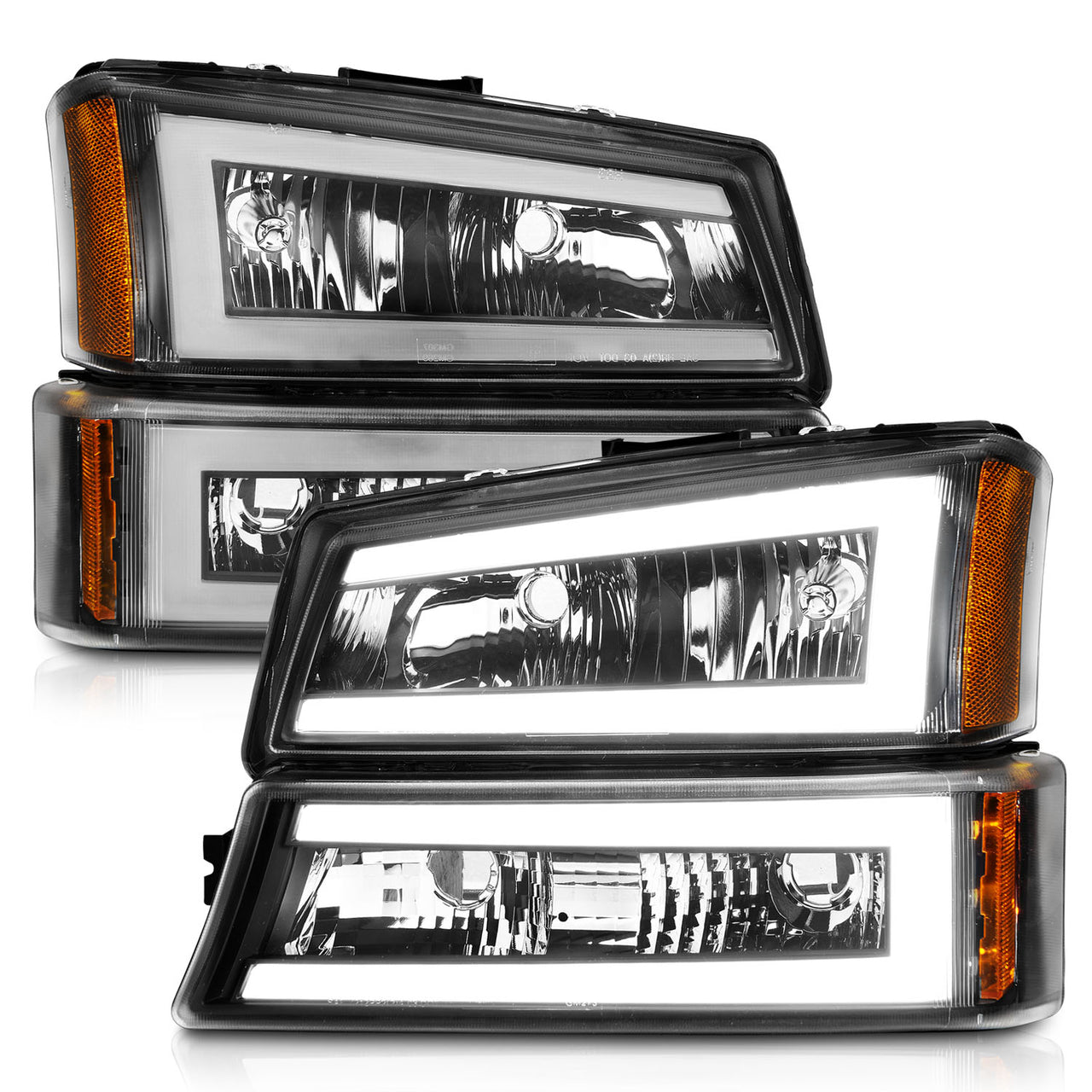 CHEVY SILVERADO 03-07/ AVALANCHE 02-06 HEADLIGHTS W/ SIGNAL LIGHT BLACK HOUSING AMBER (4 PCS) (W/ C LIGHT BAR) W/O BODY CLADDING