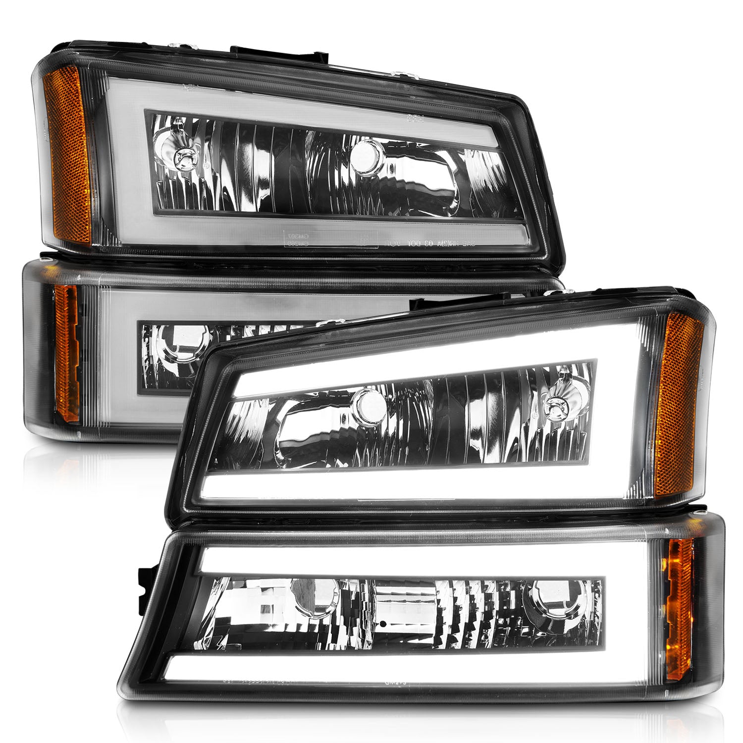 CHEVY SILVERADO 03-07/ AVALANCHE 02-06 HEADLIGHTS W/ SIGNAL LIGHT BLACK HOUSING AMBER (4 PCS) (W/ C LIGHT BAR) W/O BODY CLADDING