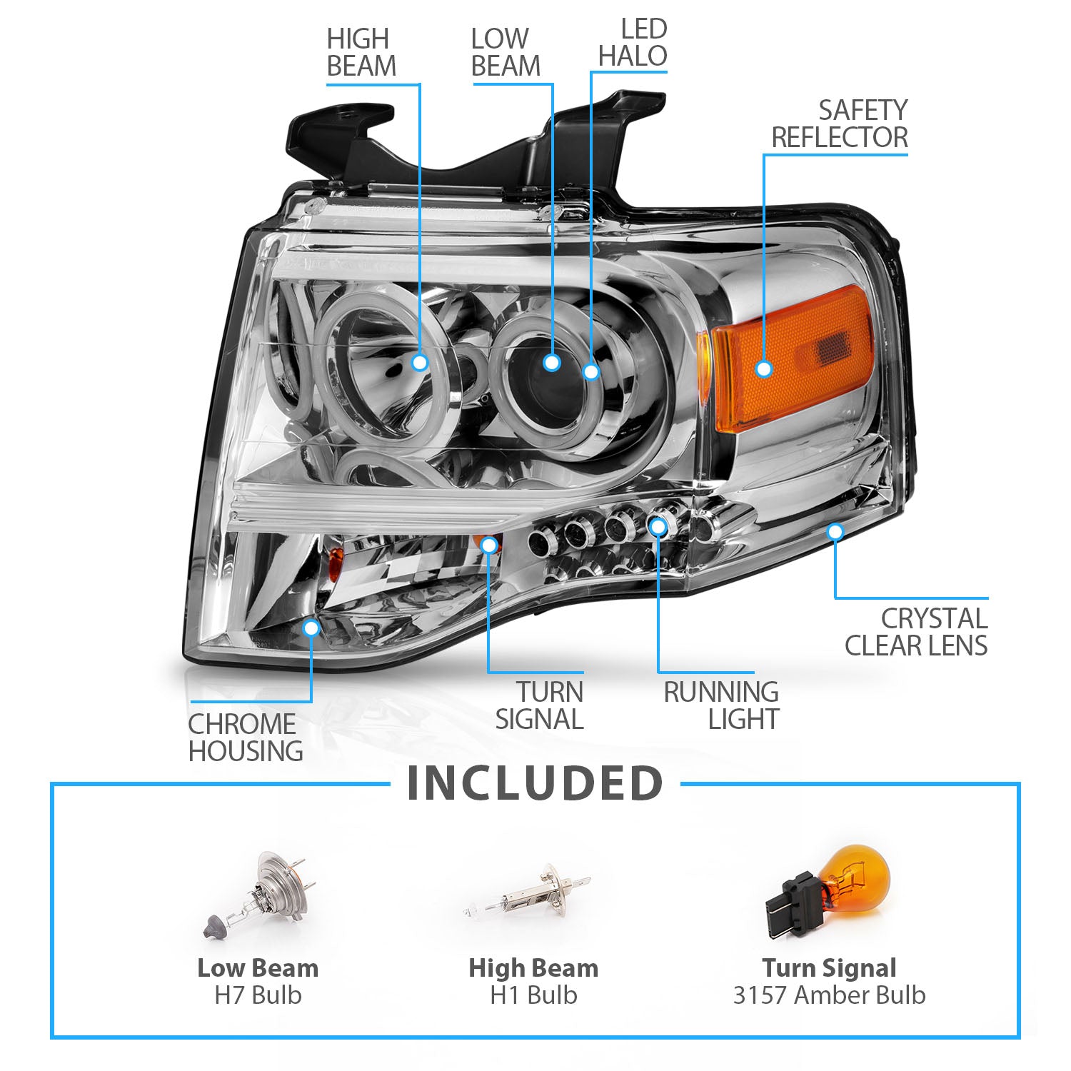 FORD EXPEDITION 07-08 PROJECTOR HEADLIGHTS CHROME CLEAR AMBER (RX HALO)