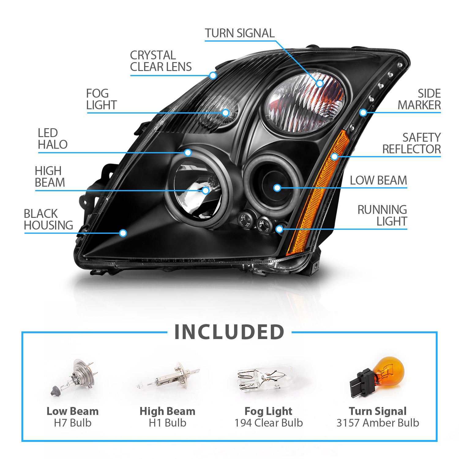 NISSAN SENTRA 07-09 PROJECTOR HEADLIGHTS HALO W/O CCFL BAR BLACK CLEAR AMBER (RX HALO)
