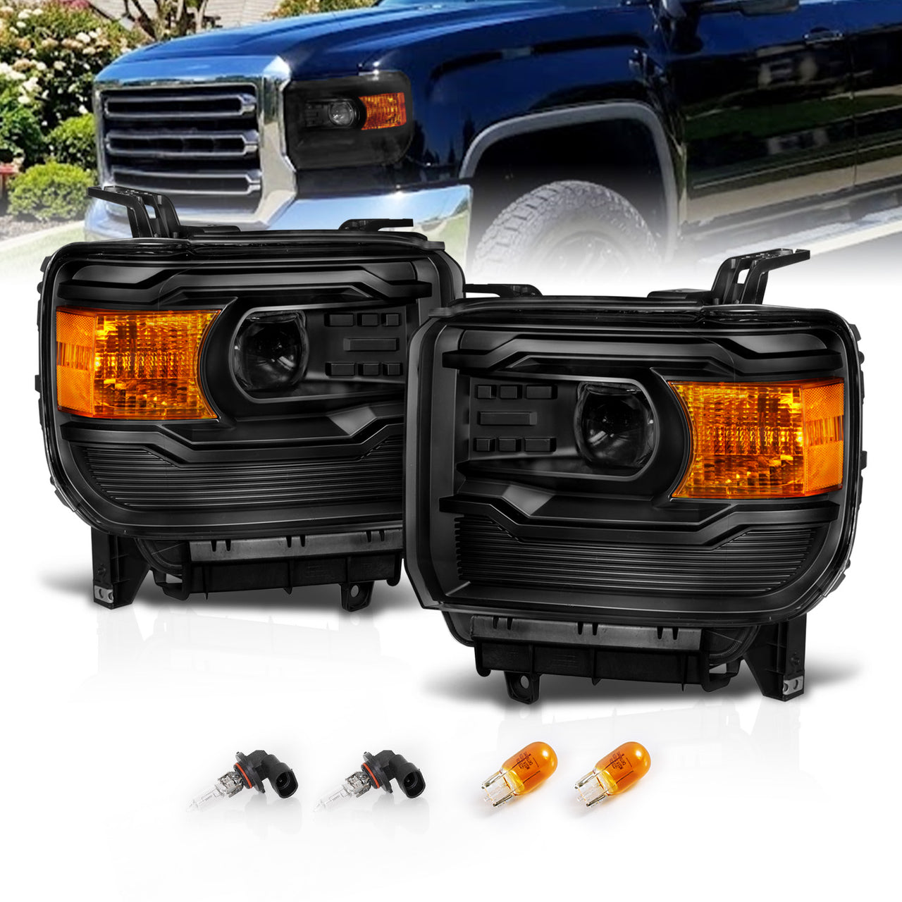 GMC SIERRA 1500嚙?4-15/2500HD/3500HD 15-19 PROJECTOR HEADLIGHTS BLACK G4 (SIMPLE DESIGN)嚙?HALOGEN TYPE MODEL W/O FACTORY DRL)