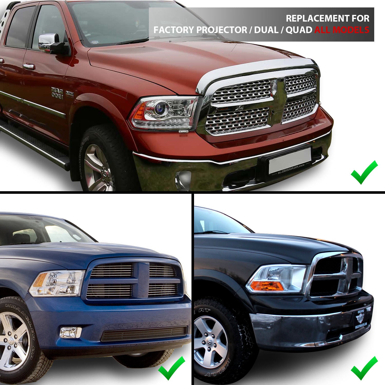 DODGE RAM 1500 09-19(09-12, W/O QUAD),  2500/3500 10-18 PROJECTOR HEADLIGHTS MIST BLACK HOUSING CLEAR LENS SEQUENTIAL LIGHT BAR