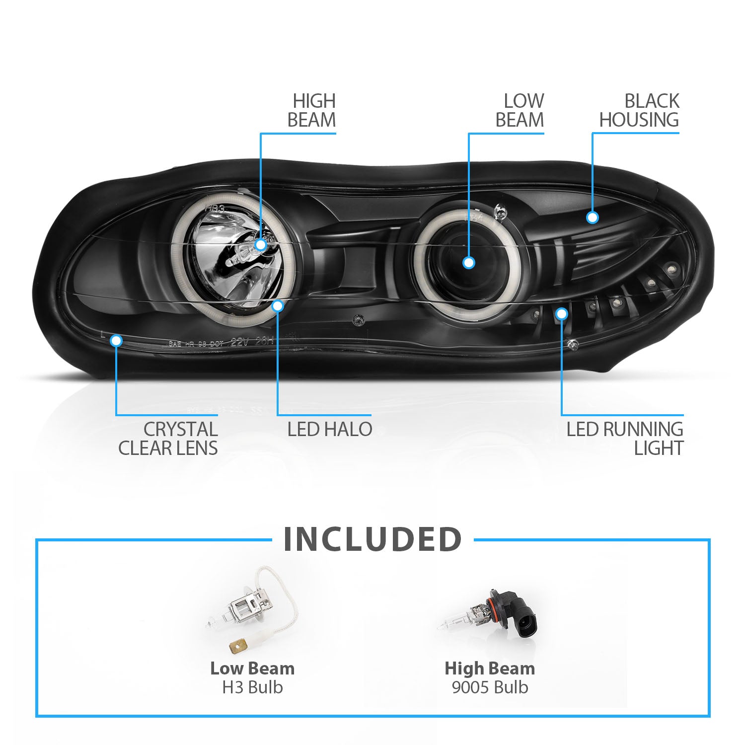 CHEVY CAMARO 98-01 PROJECTOR HEADLIGHTS HALO BLACK CLEAR (RX HALO)