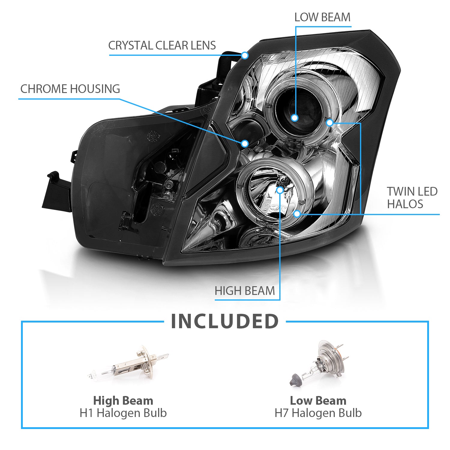 CADILLAC CTS 03-07 PROJECTOR HEADLIGHTS HALO CHROME CLEAR