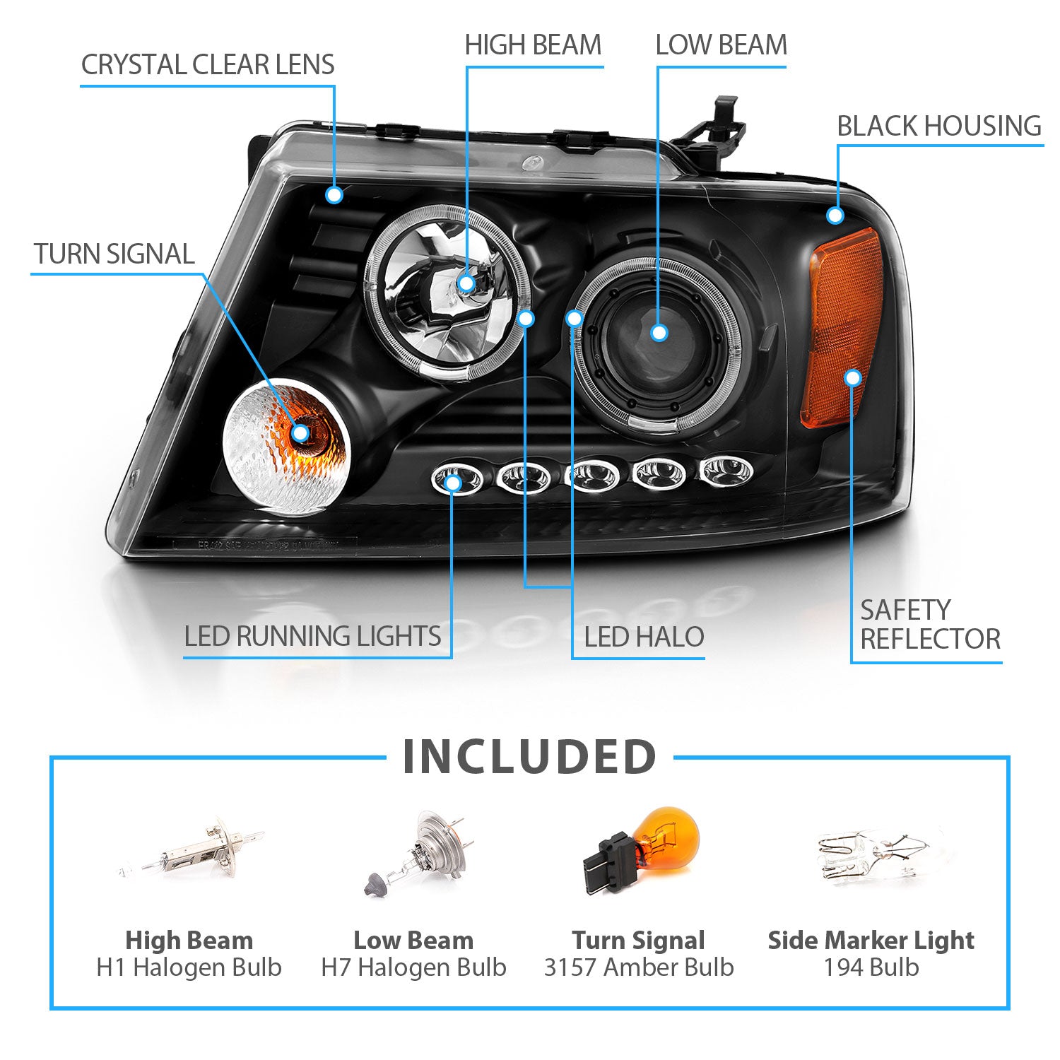 FORD F-150 04-08 PROJECTOR HEADLIGHTS 2 HALO LED BLACK CLEAR AMBER