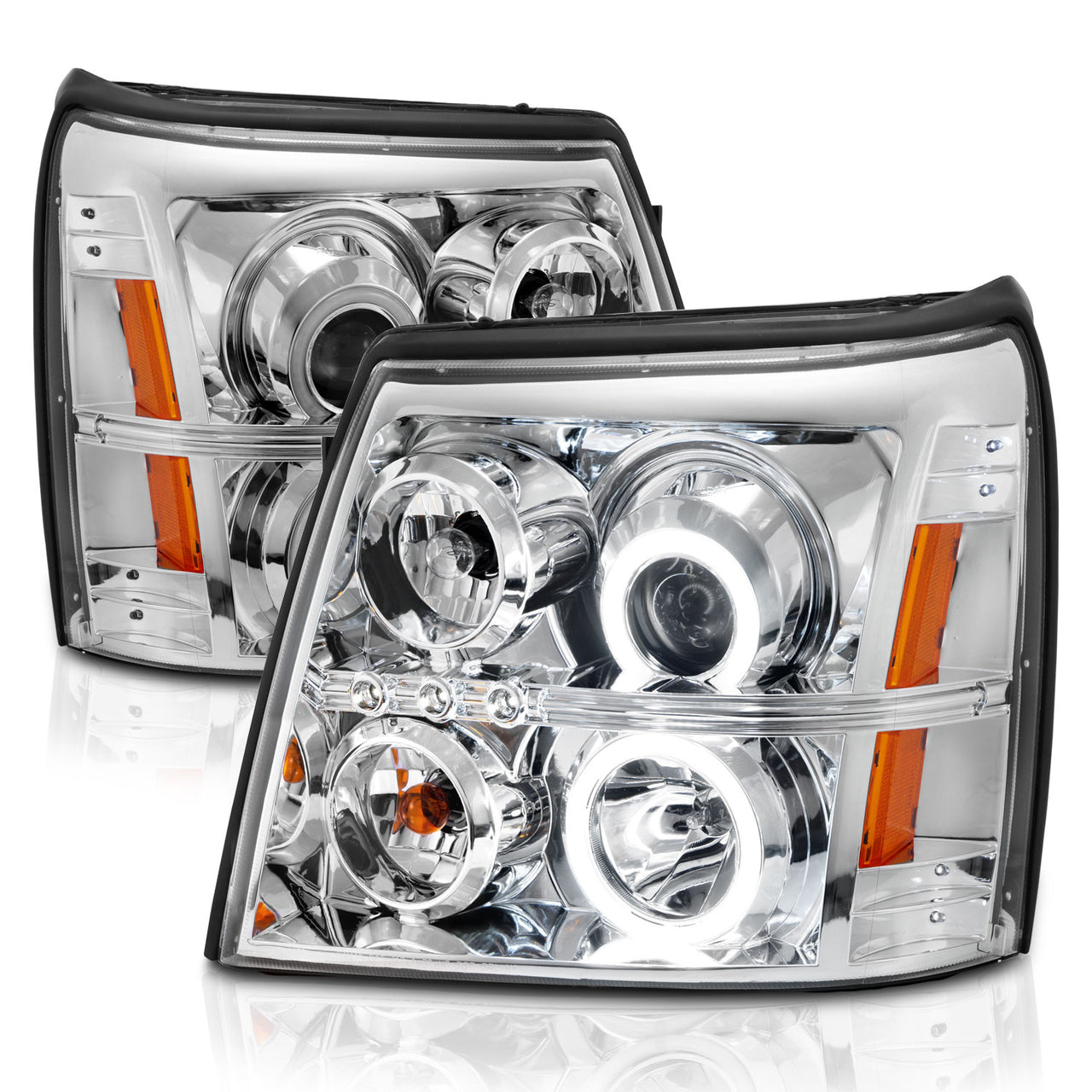 CADILLAC ESCALADE 03-06/ESCALADE ESV 03-06 PROJECTOR HEADLIGHTS HALO CHROME CLEAR AMBER (OEM HID COMPATIBLE) (RX HALO)