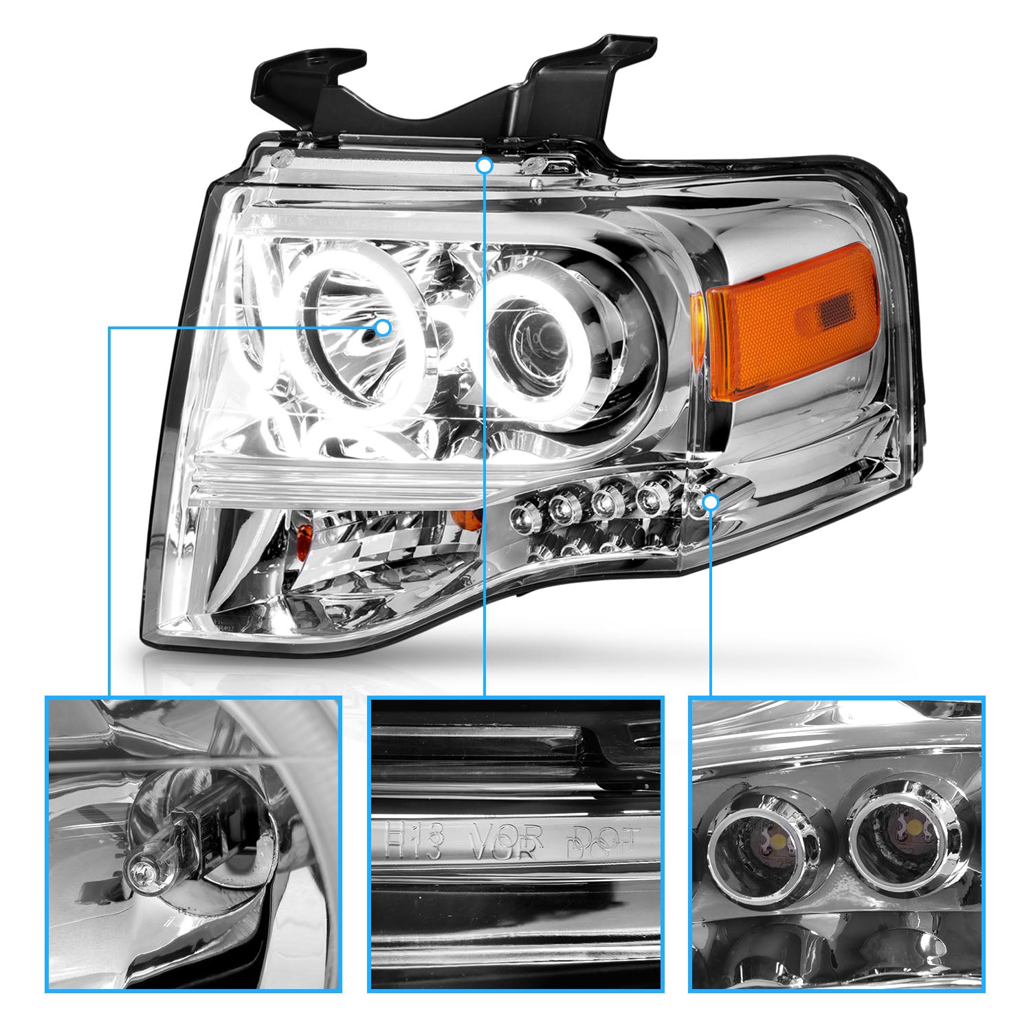 FORD EXPEDITION 07-08 PROJECTOR HEADLIGHTS CHROME CLEAR AMBER (RX HALO)