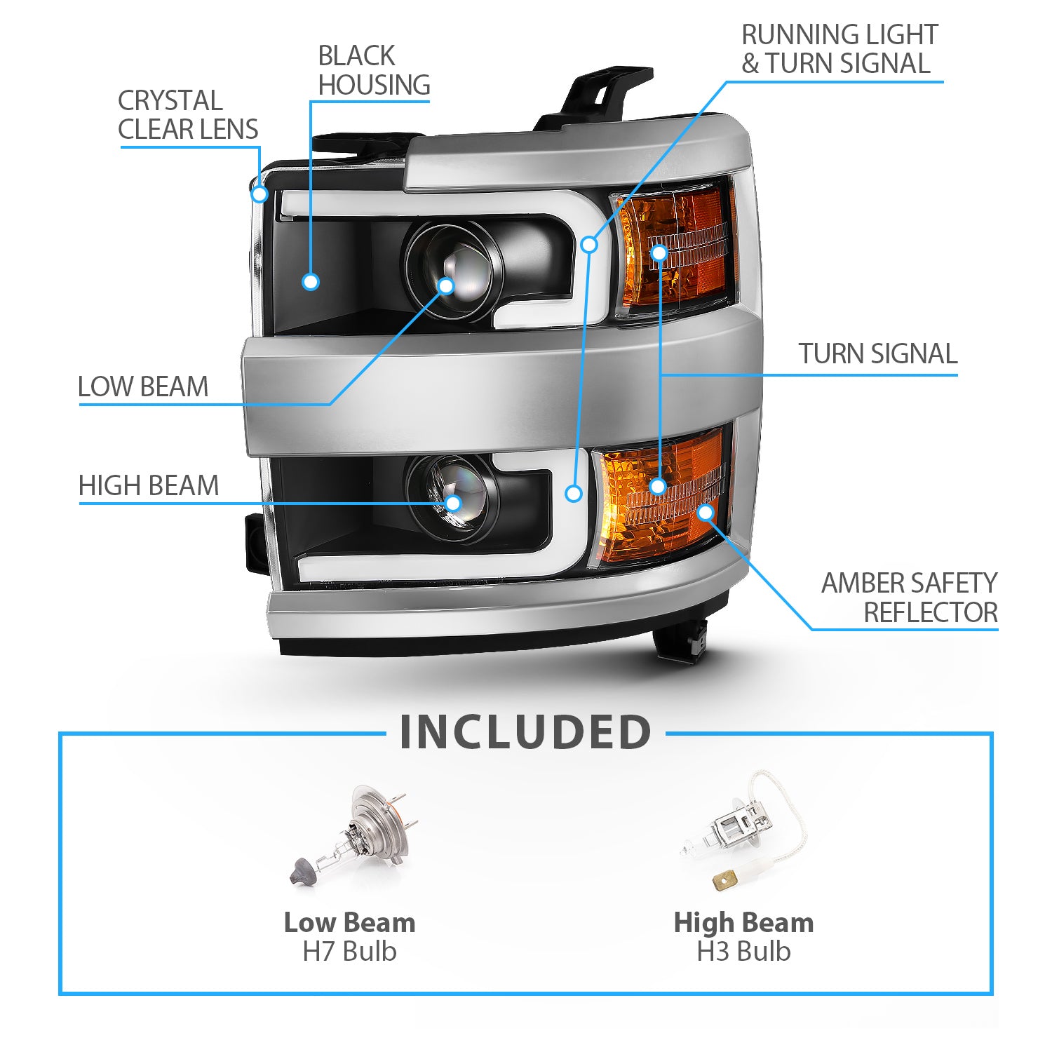 CHEVY SILVERADO 2500HD/3500HD 15-17 PROJECTOR LIGHT BAR STYLE HEADLIGHTS BLACK AMBER (CHROME RIM)
