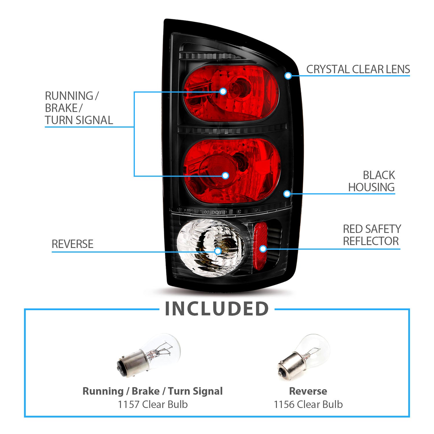 DODGE RAM 02-05 TAIL LIGHTS BLACK CRYSTAL LENS