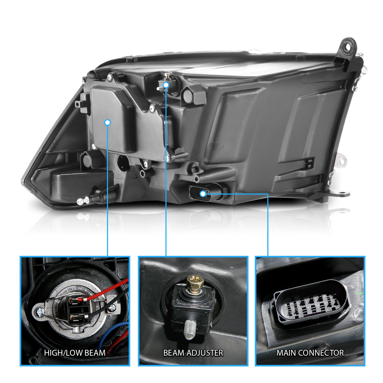 DODGE RAM R1500 09-20/10-20 R2500/R3500 (CODE LMA) (W/O QUAD LAMP) DG RAM SPORT 13-20 PROJECTOR SWITCHBACK HEADLIGHTS BLACK AMBER