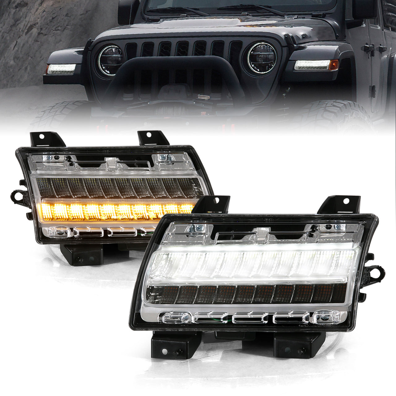 JEEP WRANGLER 18-21 SAHARA, RUBICON, MOAB/ GLADIATOR 20 RUBICON, OVERLAND LED PARKING SIDE MARKERS CHROME (SEQUENTIAL SIGNAL) (FOR LOW CONFIGURED, HALOGEN TYPE)