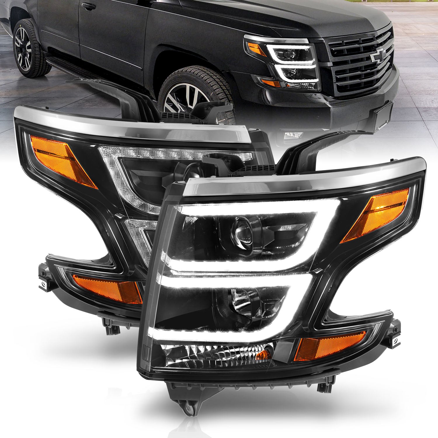CHEVY TAHOE/SUBURBAN 15-19 PROJECTOR LIGHT BAR STYLE HEADLIGHTS BLACK AMBER (W/ DRL)