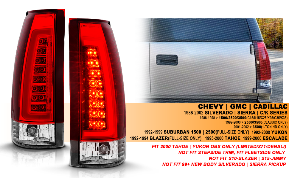 Chevy/GMC C/K 1500/2500/3500 88-99, SUBURBAN/YUKON 92-00, TAHOE 94-00, BLAZER 92-94, CADILLAC ESCALADE 99-00 LED C-BAR TAIL LIGHTS CHROME HOUSING RED/CLEAR LENS W/ C LIGHT BAR