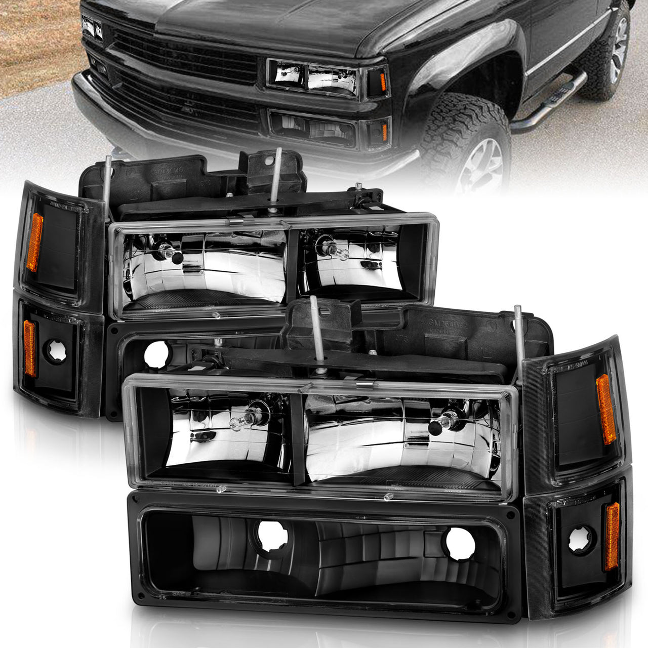 CHEVY CK / C10 /SILVERADO/ TAHOE / SUBURBAN/BLAZER 94-98 CRYSTAL HEADLIGHTS BLACK W/ SIGNAL & SIDE MARKERS AMBER (8PCS)