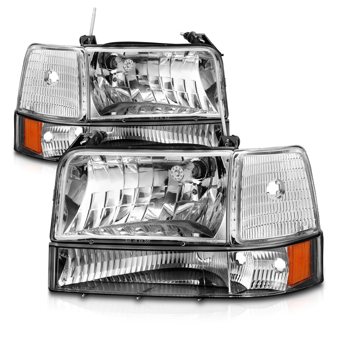 FORD F-150/BRONCO 92-96 HEADLIGHTS CHROME HOUSING 6PCS SET W/ CORNER, SIGNAL LIGHTS AMBER