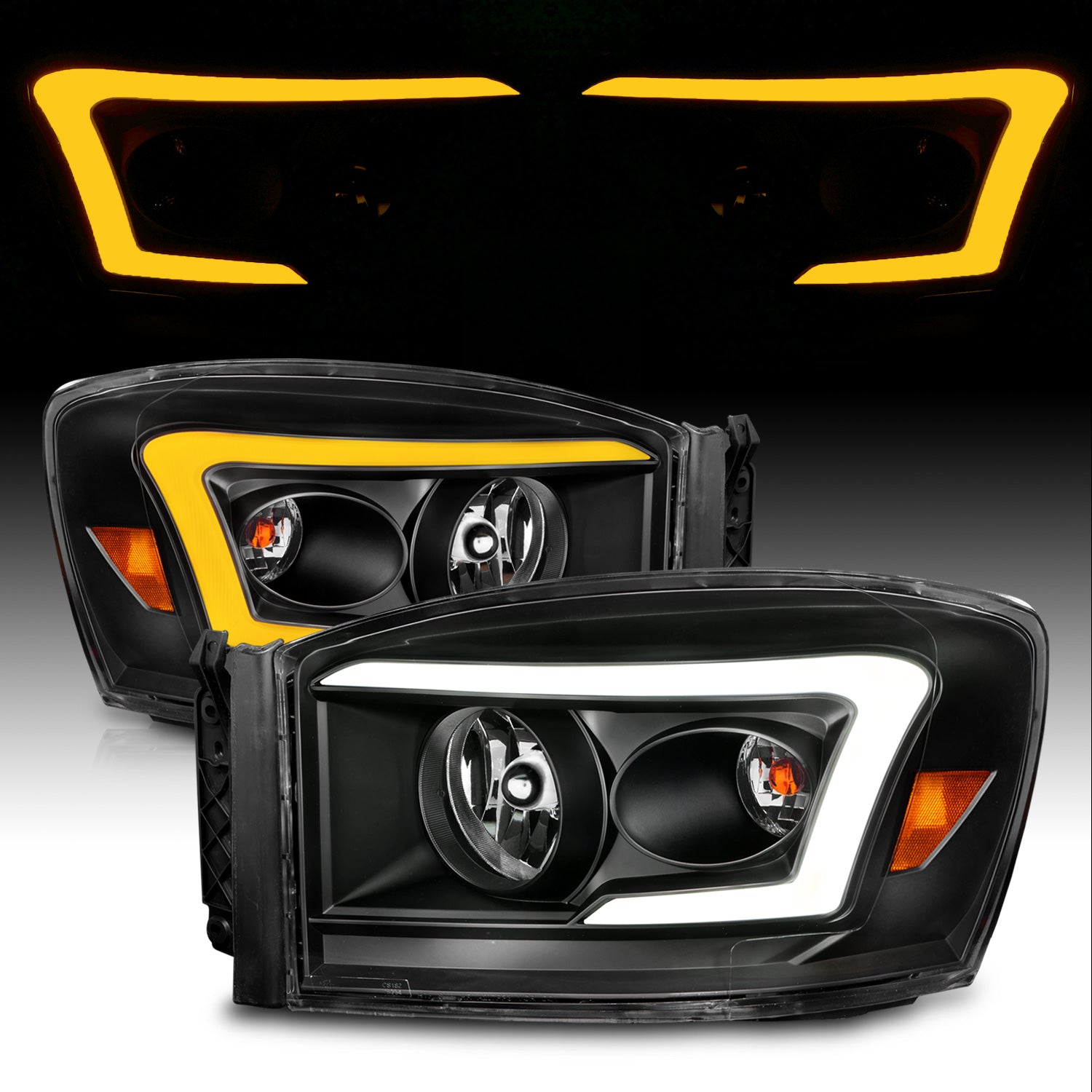 DODGE RAM 1500 06-08/ 2500/3500 06-09   SWITCHBACK HEADLIGHTS BLACK AMBER (W/ C LIGHT BAR)
