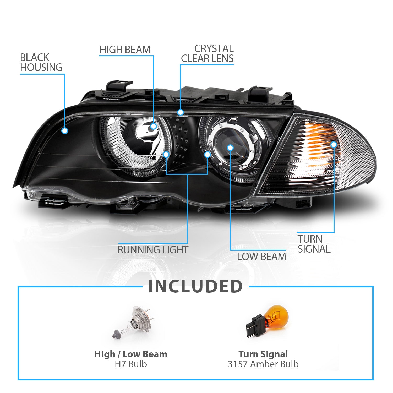BMW 3 SERIES E46 98-01 4DR PROJECTOR HEADLIGHTS W/ CORNER LIGHTS HALO BLACK AMBER