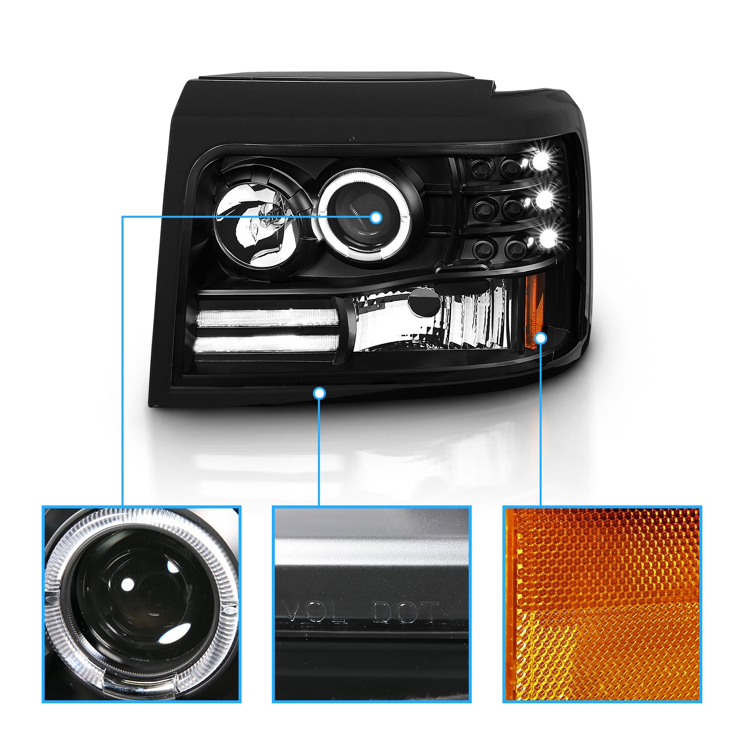 FORD F-150/F-250/BRONCO 92-96 PROJECTOR HALO HEADLIGHTS BLACK W/ SIDE MARKERS W/ PARKING LIGHTS