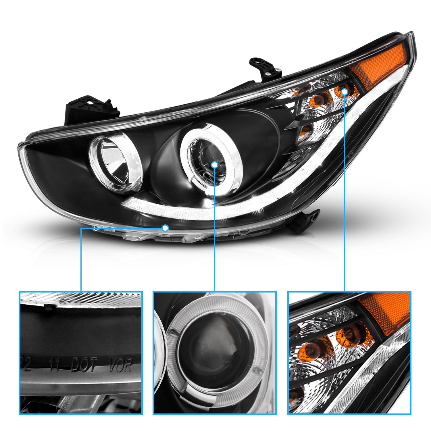 HYUNDAI ACCENT 11-13 4DR/HATCHBACK PROJECTOR HEADLIGHTS HALO BLACK CLEAR AMBER